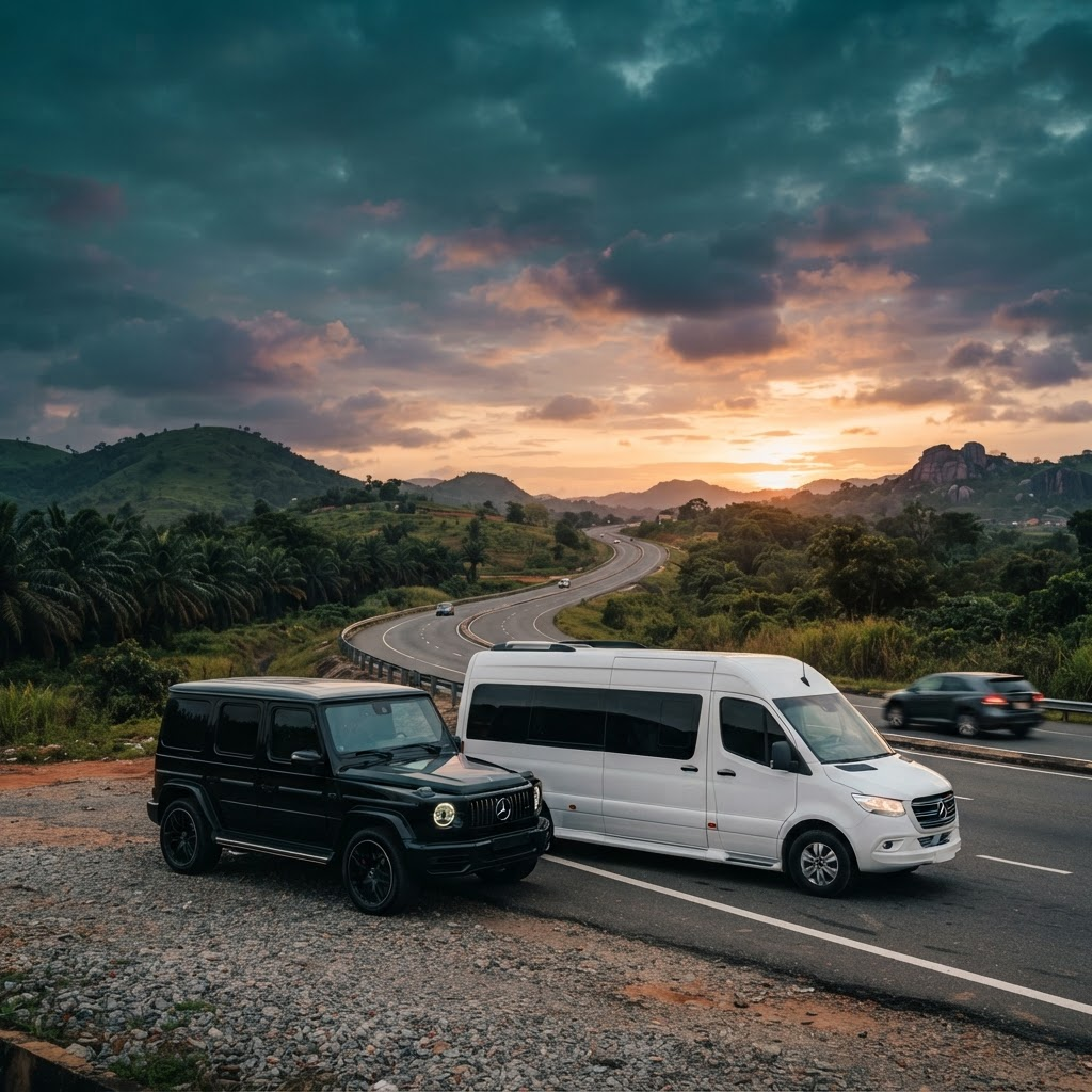 Spidoo luxury charter vehicles on a Nigerian highway at golden hour